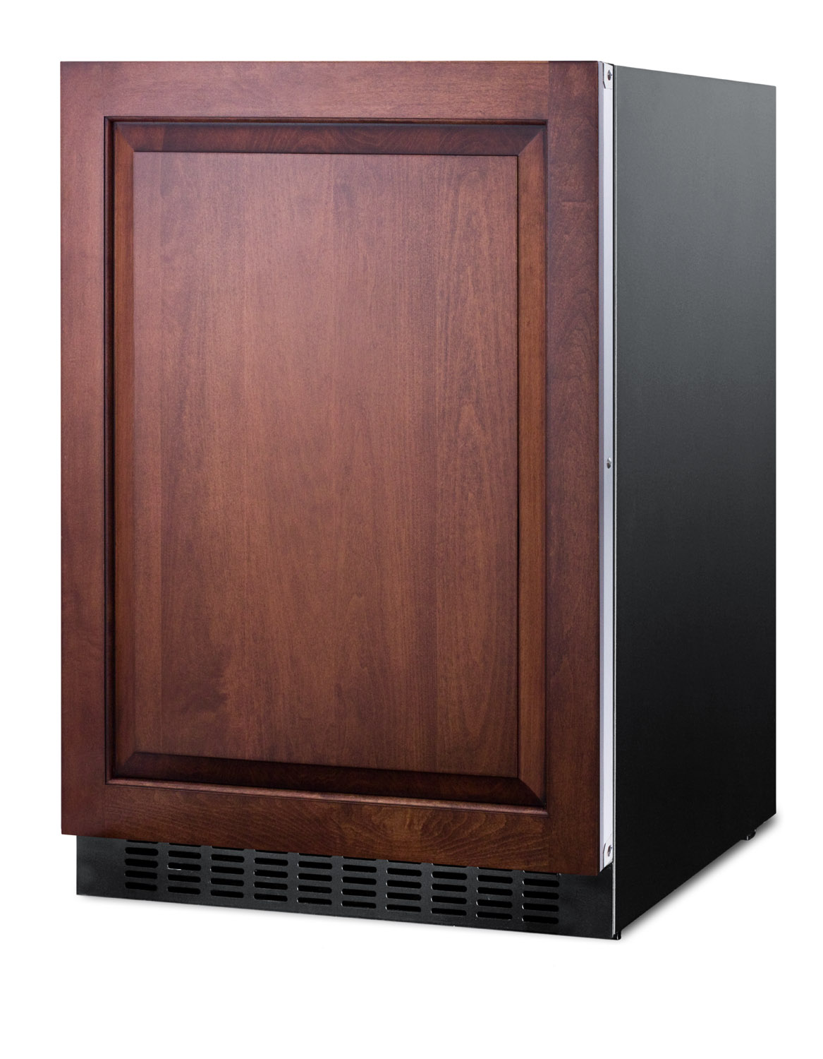 Outdoor all-refrigerator for built-in use, with digital thermostat, panel-ready door, and black cabinet